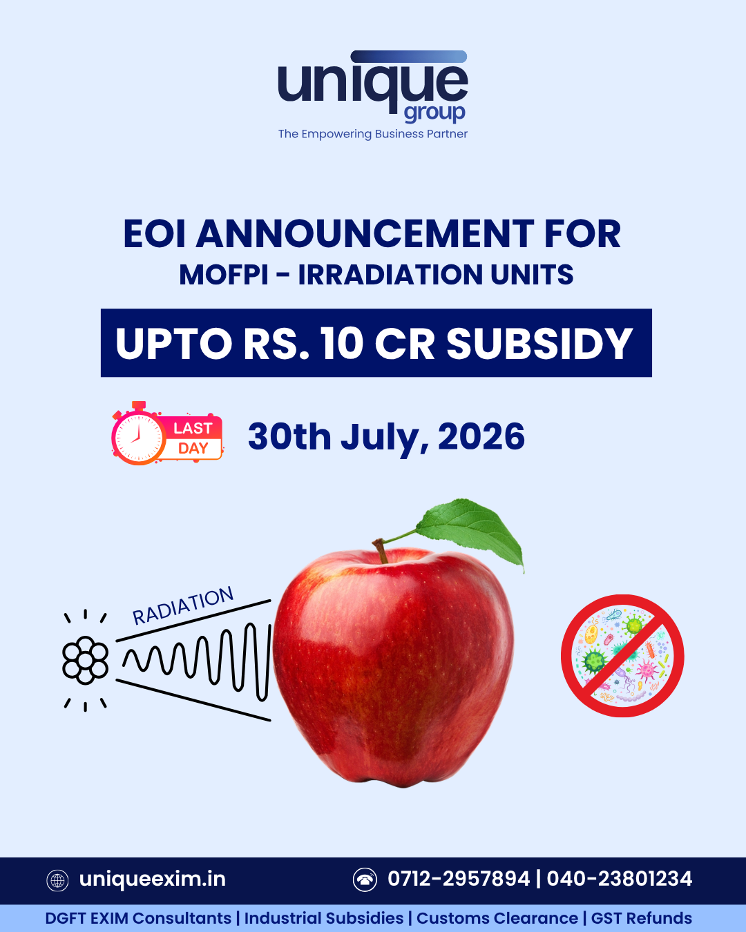 EOI announcement for MOFPI food irradiation units subsidy up to Rs.10 crore under PMKSY scheme